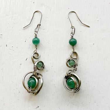 1990s Sterling Silver and Jade Bead Modernist Loop Earrings 