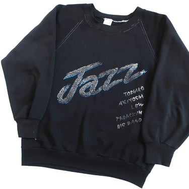vintage sweatshirt / black sweatshirt / 1980s Japanese Jazz black raglan crew neck sweatshirt Small 