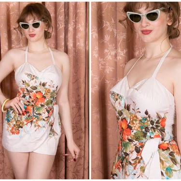 1960s Swimsuit - Chic Vintage 60s Cotton Bathing Suit with Large Hawaiian Floral Motif 