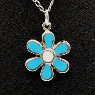 Mod 70's sterling enamel daisy pendant, big blue & white flower on 925 silver curb chain necklace 