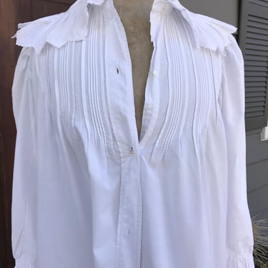 French Ruffled Nightgown, Chemise, Nightdress, Antique, 1800s, Ruffle Lace Collar, Embroidery, Tuck Seams, White Cotton, French Farmhouse 