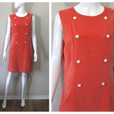 Vintage 1960s I. Magnin California Coral Velvet Sheath Dress MOD MCM // Modern Size  6 8 Small Med 