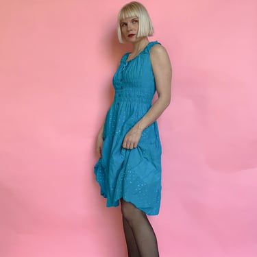 Vintage 90s Bright Blue Eyelet Cotton Dress 