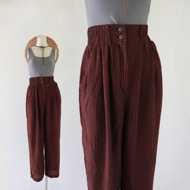 high waist trousers - 24-28 - vintage 80s 90s soft flowy rayon patterned womens high waisted fall dark pants 