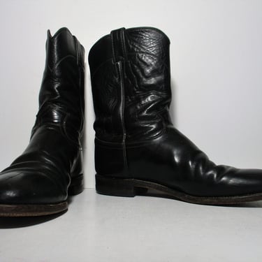 Vintage 1980s Justin Roper Cowboy Boots, Black Leather, Size 11 1/2D Men 