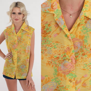 Yellow Floral Tank Top 70s Sleeveless Blouse Dagger Collar Button Up Shirt Semi-Sheer Flower Print Summer Hippie Vintage 1970s Medium Large 