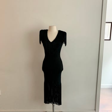 Amazing Climax-David Howard & Karen Okada black knit fringed disco dress-size 6/8 
