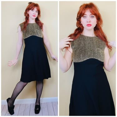 1960s Vintage Alice of California Gold And Black Dress / 60s Metallic Empire Waist mod Crepe Dress / Size Medium - Large 