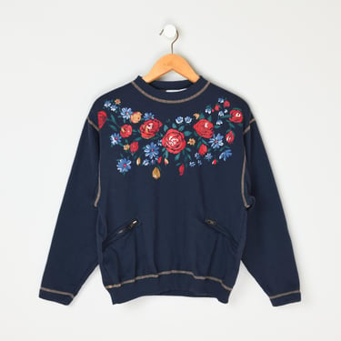 Vintage 90s Navy Blue Flowers Sweatshirt - nineties, kitschy, floral, oversized - Women's M 