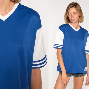 Vintage Jersey Shirt 90s Blue Baseball Tee Retro V Neck Ringer T-shirt Ex Press Sports Striped Top Streetwear Sportswear 1990s Medium 