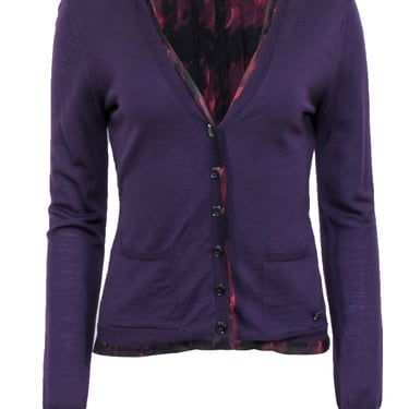 Burberry - Purple Wool Cardigan w/ Print Lining Detail Sz S