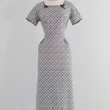 Vintage 1950's Black & White Lattice Leaf Print Wiggle Dress / M