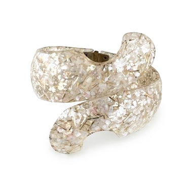 Wide Confetti Lucite Bracelet, Hinged Clamper Bracelet, Mother of Pearl and Silver Glitter Confetti, 50's Bracelet, Rockabilly Style 