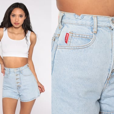 Bongo Jean Shorts xs -- 80s Denim Shorts Faded Light Blue Exposed Button Fly High Waisted Rise 1980s Jeans Vintage Shorts Extra Small xs 1 