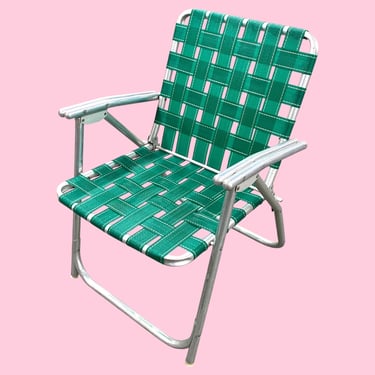 Vintage Lawn Chair Retro 1960s Mid Century Modern + Silver Aluminum Frame + Green Webbing + Folds Up + Camping + Outdoor or Patio Seating 