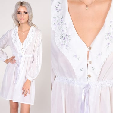 White Babydoll Dress 70s Open Front Mini Dress Floral Embroidered Semi-Sheer Lace Trim Long Sleeve Collared Vintage 1970s Extra Small XS S 