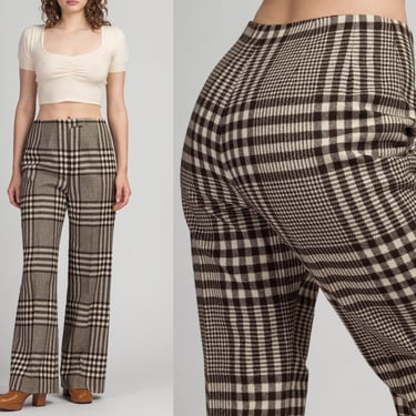 S-M| 70s Plaid High Waisted Pants - Men's Small, Women's Medium, 29" | Vintage Bullock's Wilshire Brown Off-White Straight Leg Trousers 