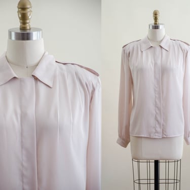 silky beige blouse | 80s 90s vintage minimal light academia pleated ivory cream button down long sleeve blouse 