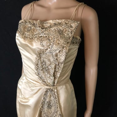 Vintage 1950's CEIL CHAPMAN Ivory Silk Satin Sculptural Beaded Rhinestone Embellished Dress - size Small XS 