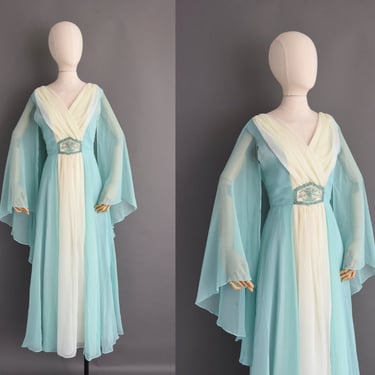 1970s vintage dress | Gorgeous Teal Blue Fluttery Chiffon Cocktail Party Bridesmaid Wedding Dress | Small Medium 