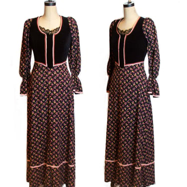 1970s Dress ~ Black Velvet Dimity Floral Cotton Prairie Maxi Dress 