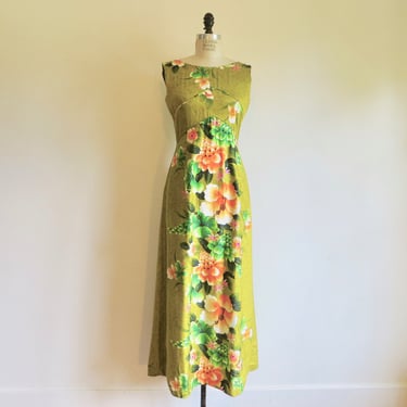 Chartreuse Green Cotton Hibiscus Flower Print Hawaiian Long Maxi Dress 1980's Resort Luau Tropical Reef Hawaii 29