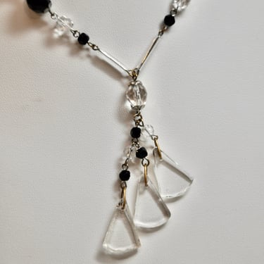 Art Deco Lavalier Necklace 3 Dangling Facet Cut Triangle Crystals Facet Cut Black & Clear Crystal Bead Chain 16