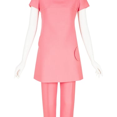 1960s Vintage Space Age Pink Wool Crepe Collared Tunic & Trouser Set by Selection at Peter Collins Sz XS 