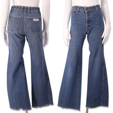70s high waisted well worn bell bottom jeans 26, vintage DeNimes flare leg jeans, vintage 1970s bells pants 