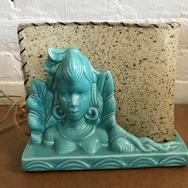 Vintage Rare 1950s African Woman TV Lamp Accent MCM Turquoise Raw Hide Shade 