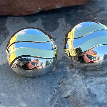 Vintage Mexico Sterling Silver Domed Oval Post Earrings with Wavy Brass Highlights 