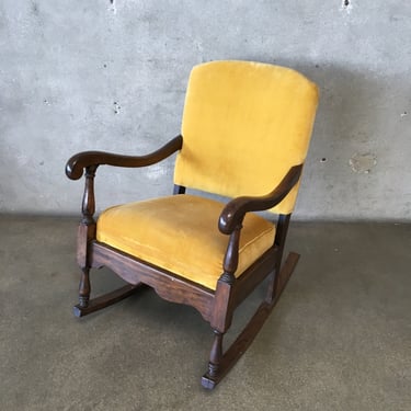 Antique Rocking Chair Carved Walnut and Yellow Velvet