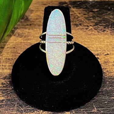 IRIDESCENT STONE Sterling Silver and Opal Inlay Ring | Lab Created Synthetic Opal | Native American Navajo Southwestern Jewelry | Size 6 