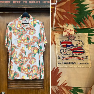 Vintage 1940’s Size XL “Duke Kahanamoku” Floral Tiki Rayon Hawaiian Shirt, 40’s Loop Collar, Vintage Clothing 