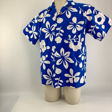 1960's MOD Hawaiian Shirt - Large Floral Print - All Cotton Fabric - White Flowers on Blue Background - Made in Hawaii - Men's Size Medium 
