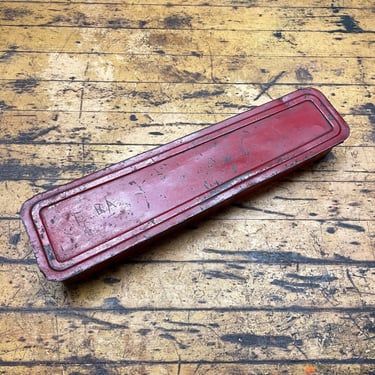 Vintage 1950s Red Steel Sliding Lid Toolbox Bits + Bobs Kit Stash 