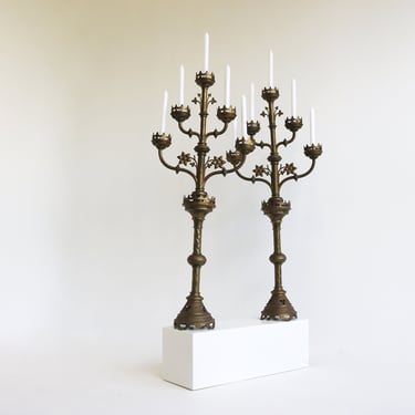 Large Pair Antique Gothic Revival Style Church Candelabras 19th Century Brass Candlesticks Candleholders Candle Stands 1890s 