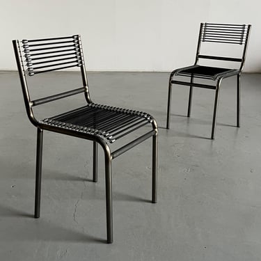 Pair of Vintage René Herbst 'Sandows' Style Chairs in Steel and Black Cord, 1920s Bauhaus Design 