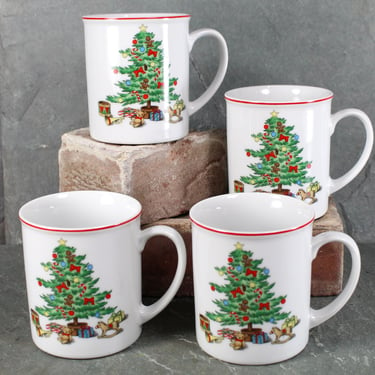 1960s Christmas Mugs | Shibata Fine Porcelain - Classic Christmas Tree Motif | Made in Japan | Set of 4 in Original Box 