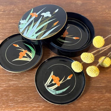 Vintage Japanese Otagiri Iris Floral Gold Black Lacquer Coasters Set of 5 w Round Lidded Box Case | MCM Kitchen Table Decor Small Plate Tray 