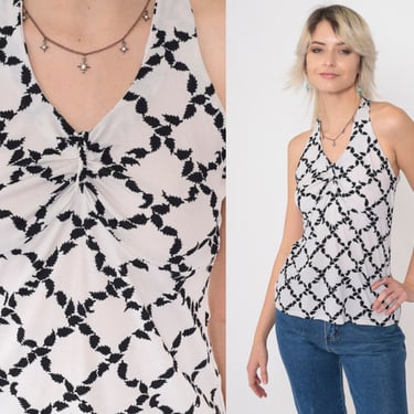 Halter Tank Top 70s Leaf Print Racerback Sleeveless Blouse V Neck Shirt Retro Black White Lattice Boho Vintage 1970s Empire Waist Small S 