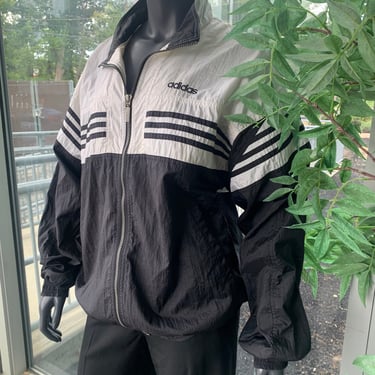 ADIDAS Vintage Colorblock Striped Puff Sleeve Windbreaker - Black - Size M 