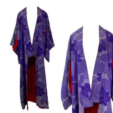 Vtg Vintage 1940s 40s Purple Floral Print Red Lined Silk Kimono Duster Robe 