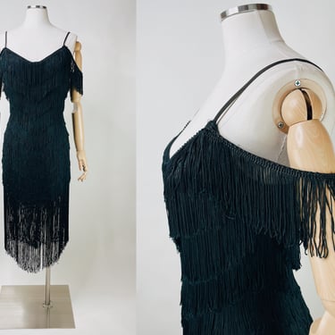 1970s-1980s Black Fringe Dancing Dress by Dovizia USA XS | Vintage, Flapper, Salsa, 1920s, Costume, Halloween, Sexy, Cocktail Party 
