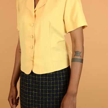 Vintage Yellow Tie Back Short Sleeve Button Down Blouse 
