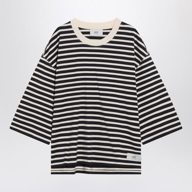 Ami Paris Navy Blue Striped Cotton T-Shirt Women