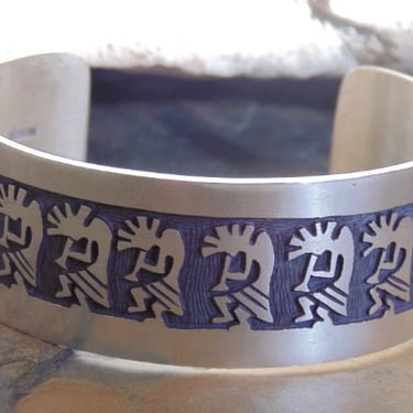 Vintage Native American ~ Wide Sterling Silver Kokopelli Overlay Cuff Bracelet - 47 Grams 