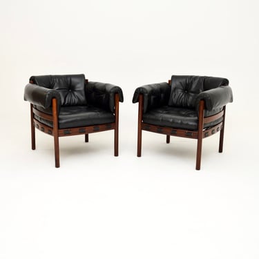 Pair of Vintage Swedish Leather and Rosewood Armchairs by Sven Ellekaer