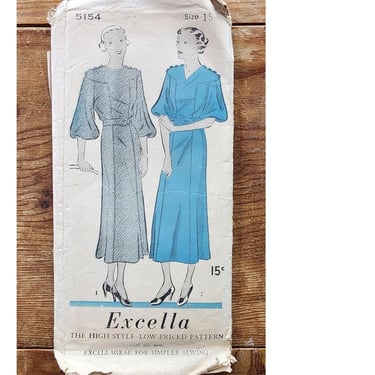 Vintage 30s Sewing Pattern: Junior Miss Dress Frock Excella 5154 