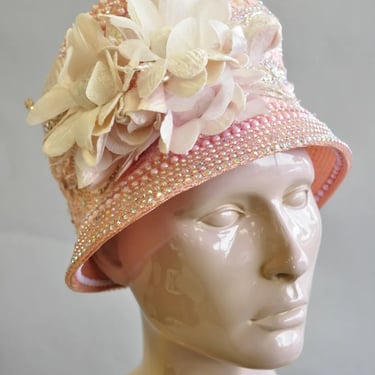 Shellie McDowell Pink Lace Iridescent Pearl Rhinestones Church Derby Crown Hat